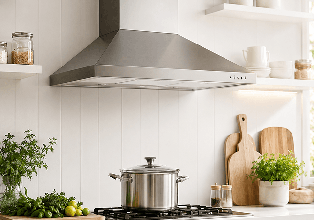 Modern kitchen with chimney and cooking hob